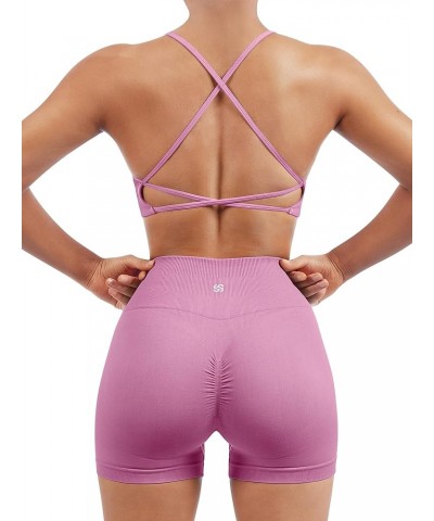 Women Seamless Workout Sets Strappy Sports Bra High Waist Booty Shorts Outfits Shorts Set 1 Light Pink $16.93 Activewear