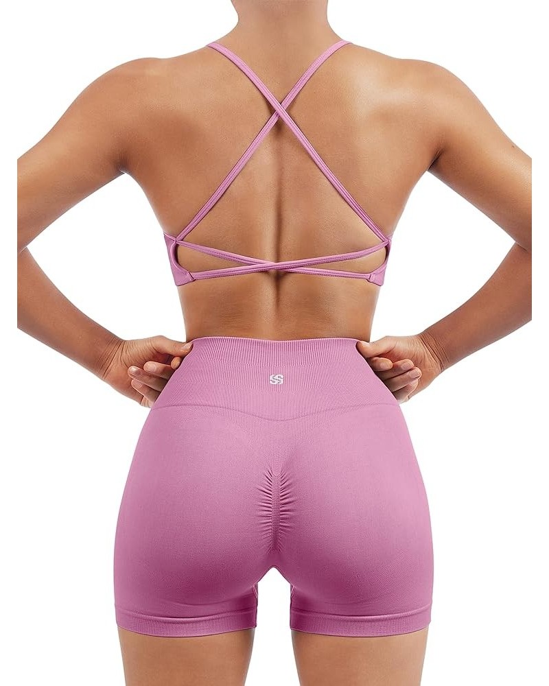 Women Seamless Workout Sets Strappy Sports Bra High Waist Booty Shorts Outfits Shorts Set 1 Light Pink $16.93 Activewear