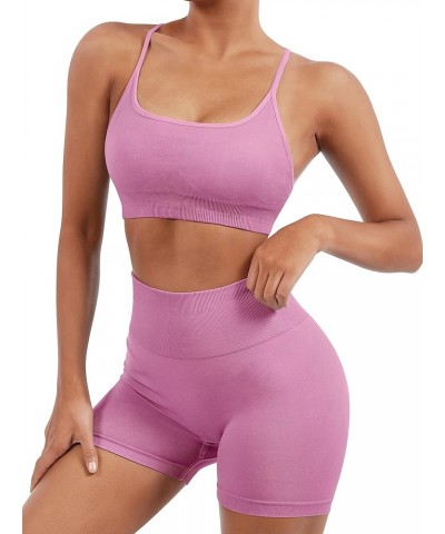 Women Seamless Workout Sets Strappy Sports Bra High Waist Booty Shorts Outfits Shorts Set 1 Light Pink $16.93 Activewear