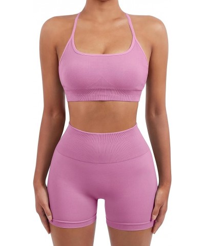 Women Seamless Workout Sets Strappy Sports Bra High Waist Booty Shorts Outfits Shorts Set 1 Light Pink $16.93 Activewear