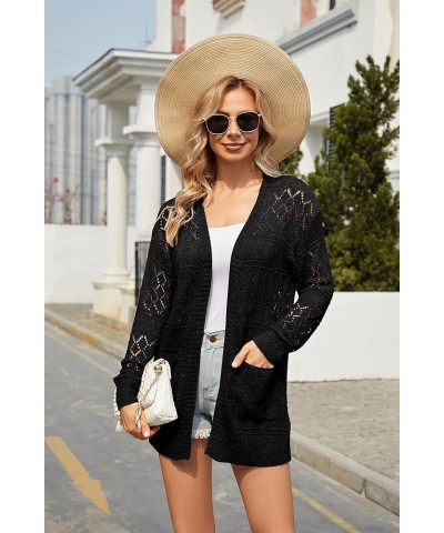 Women's Cardigan Casual Hollow Out Long Sleeve Lightweight Open Front Netted Knited Cardigan with Pocket A-01 Black $20.29 Sw...