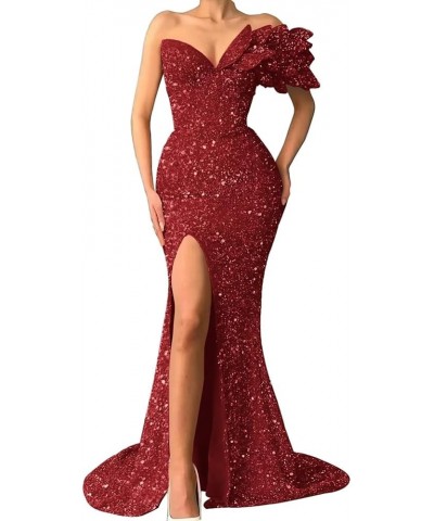 One Shoulder Sequin Prom Dresses Mermaid Strapless Bodycon Formal Party Evening Gown Wine Red $42.62 Dresses