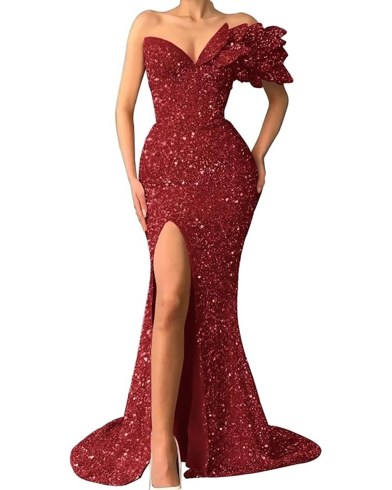 One Shoulder Sequin Prom Dresses Mermaid Strapless Bodycon Formal Party Evening Gown Wine Red $42.62 Dresses