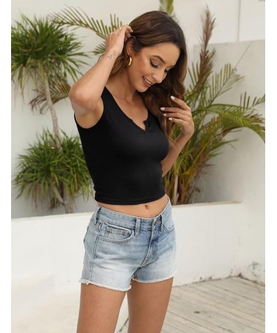 Women Summer Y2K V Neck Crop Tops Basic Short Short Sleeves Sexy Slim Ribbed Sleeveless Workout Tunic 2 Black $9.45 Tanks