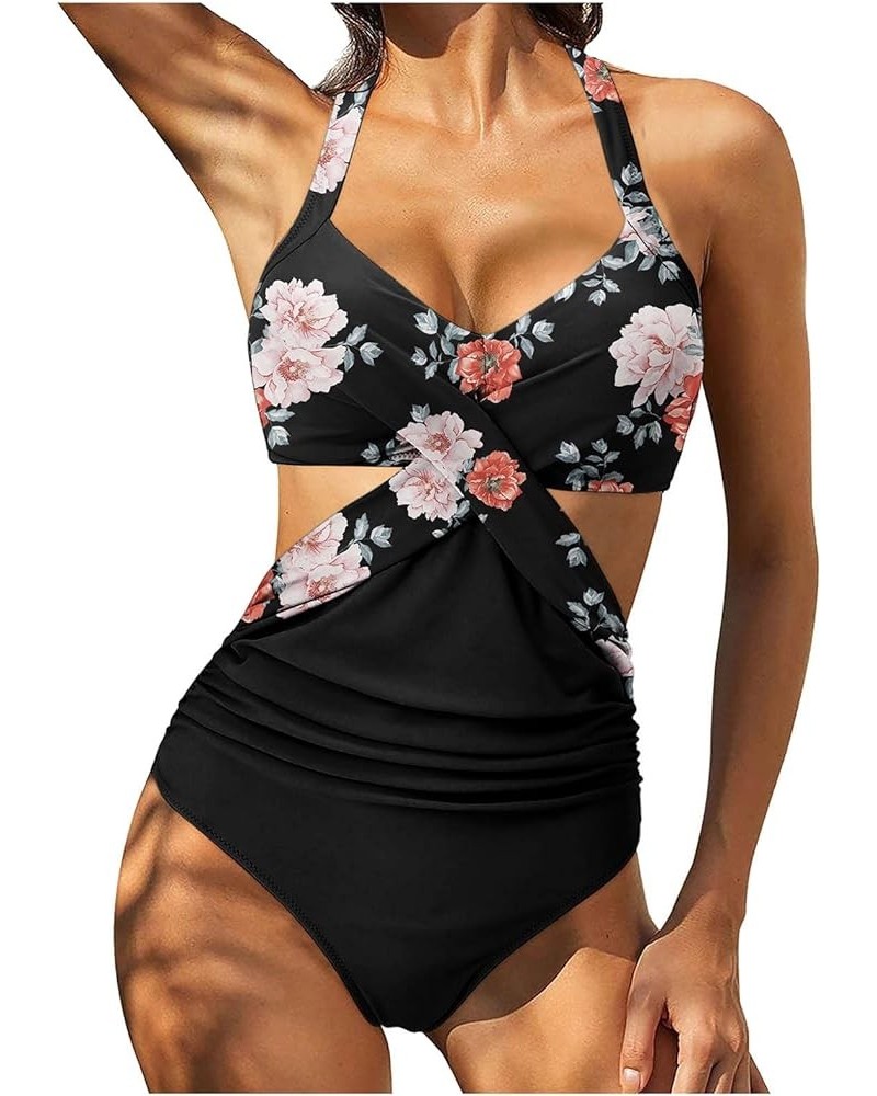 Womens Summer Casual Tankini Set Vintage Sleeveless V Neck 5_multicolor $11.39 Swimsuits