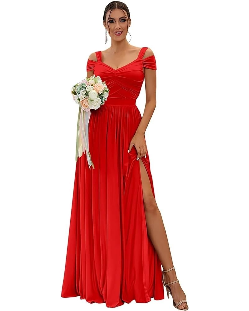 Off The Shoulder Bridesmaid Dresses Long for Wedding Chiffon Maid of Honor Dress V Neck Evening Gowns with Slit Red $33.79 Dr...