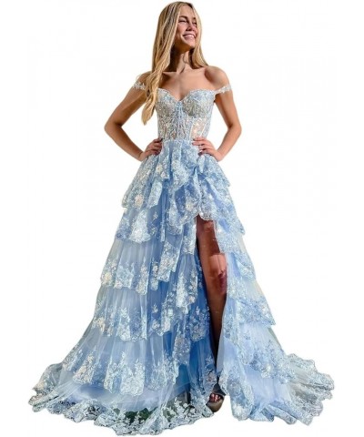 Glitter Tiered Prom Dresses for Women 2024 Tulle Off Shoulder Formal Party Dress SYYS403 Light Blue $38.54 Dresses