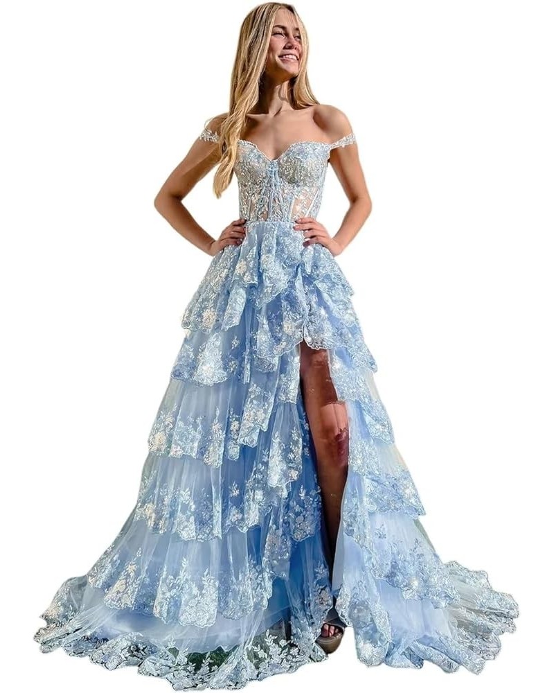 Glitter Tiered Prom Dresses for Women 2024 Tulle Off Shoulder Formal Party Dress SYYS403 Light Blue $38.54 Dresses