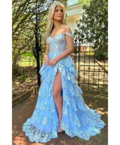 Glitter Tiered Prom Dresses for Women 2024 Tulle Off Shoulder Formal Party Dress SYYS403 Light Blue $38.54 Dresses