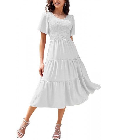 SDEER Women's Smocked Flutter Short Sleeve Midi Dress Summer V Neck Pleated Layered Dress White $14.76 Dresses