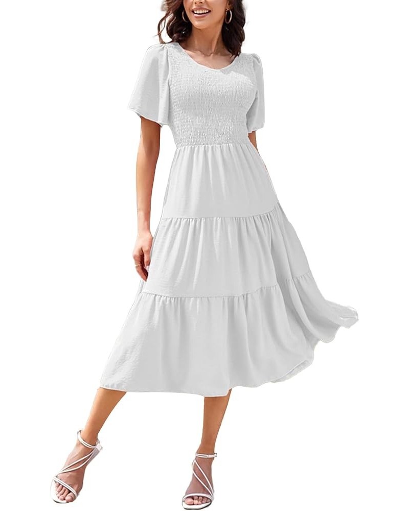 SDEER Women's Smocked Flutter Short Sleeve Midi Dress Summer V Neck Pleated Layered Dress White $14.76 Dresses