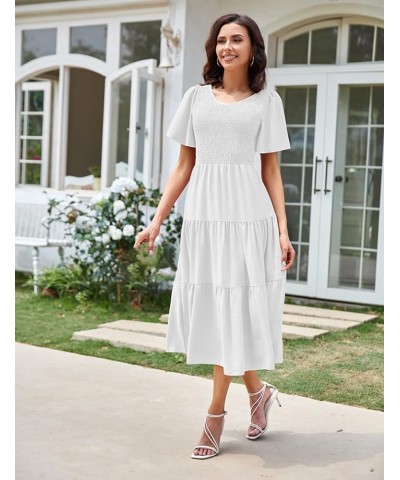 SDEER Women's Smocked Flutter Short Sleeve Midi Dress Summer V Neck Pleated Layered Dress White $14.76 Dresses