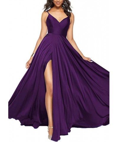 Women Long Prom Dresses Ball Gown Spaghetti Strap A Line Satin Formal Bridesmaid Dresses for Wedding with Slit ABC036 Plum $3...