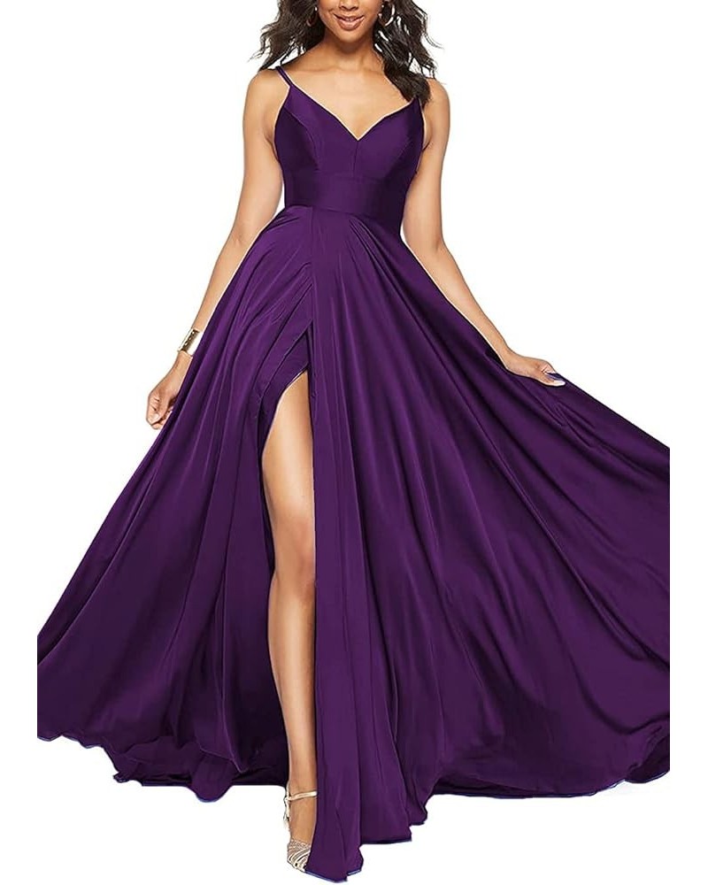 Women Long Prom Dresses Ball Gown Spaghetti Strap A Line Satin Formal Bridesmaid Dresses for Wedding with Slit ABC036 Plum $3...