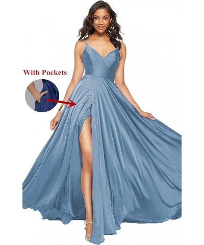 Women Long Prom Dresses Ball Gown Spaghetti Strap A Line Satin Formal Bridesmaid Dresses for Wedding with Slit ABC036 Plum $3...