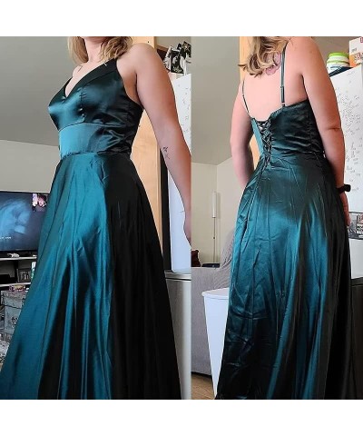 Women Long Prom Dresses Ball Gown Spaghetti Strap A Line Satin Formal Bridesmaid Dresses for Wedding with Slit ABC036 Plum $3...