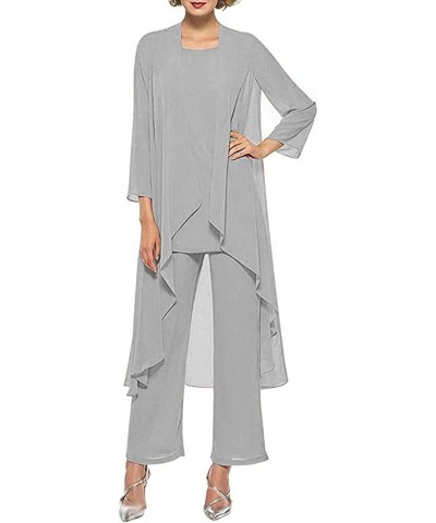 Mother-of-The-Bride-Pantsuits Lace Wedding Chiffon - Sleeves Formal Pantsuits for Women Long Chiffon Formal Gowns Silver $37....