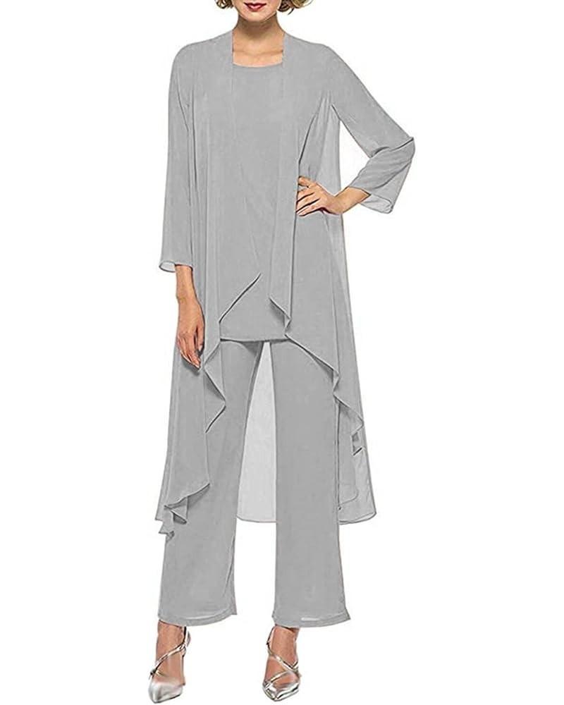 Mother-of-The-Bride-Pantsuits Lace Wedding Chiffon - Sleeves Formal Pantsuits for Women Long Chiffon Formal Gowns Silver $37....