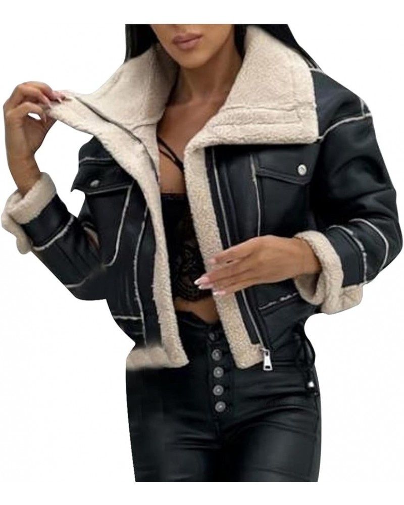 Women Winter Leather Jacket Thicken Fleece Lined Motorcycle Jacket Faux Fur Shearling Fluffy Coat Cropped Bomber Jacket A03_b...