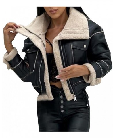 Women Winter Leather Jacket Thicken Fleece Lined Motorcycle Jacket Faux Fur Shearling Fluffy Coat Cropped Bomber Jacket A03_b...