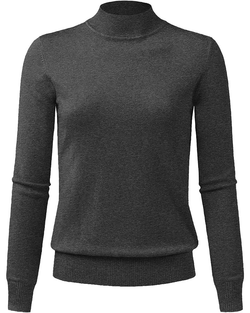 Women's Mock Neck Long Sleeve Solid Basic Soft Stretch Pullover Knit Sweater Jps001_charcoal $15.50 Sweaters