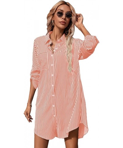 Women's Striped Button Up Shirts Rolled Long Sleeve Collar Tunic Tops Blouses Coral Orange $14.28 Blouses