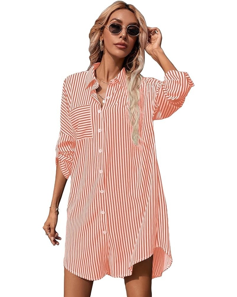 Women's Striped Button Up Shirts Rolled Long Sleeve Collar Tunic Tops Blouses Coral Orange $14.28 Blouses