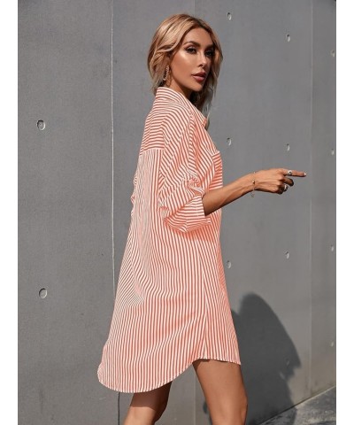 Women's Striped Button Up Shirts Rolled Long Sleeve Collar Tunic Tops Blouses Coral Orange $14.28 Blouses