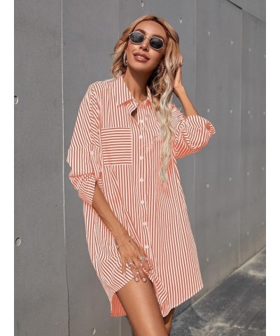 Women's Striped Button Up Shirts Rolled Long Sleeve Collar Tunic Tops Blouses Coral Orange $14.28 Blouses