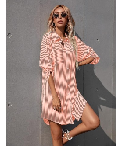 Women's Striped Button Up Shirts Rolled Long Sleeve Collar Tunic Tops Blouses Coral Orange $14.28 Blouses