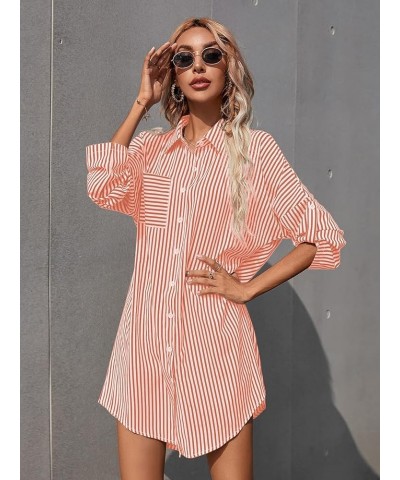 Women's Striped Button Up Shirts Rolled Long Sleeve Collar Tunic Tops Blouses Coral Orange $14.28 Blouses