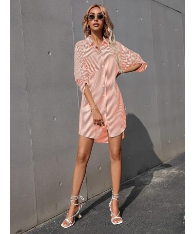 Women's Striped Button Up Shirts Rolled Long Sleeve Collar Tunic Tops Blouses Coral Orange $14.28 Blouses