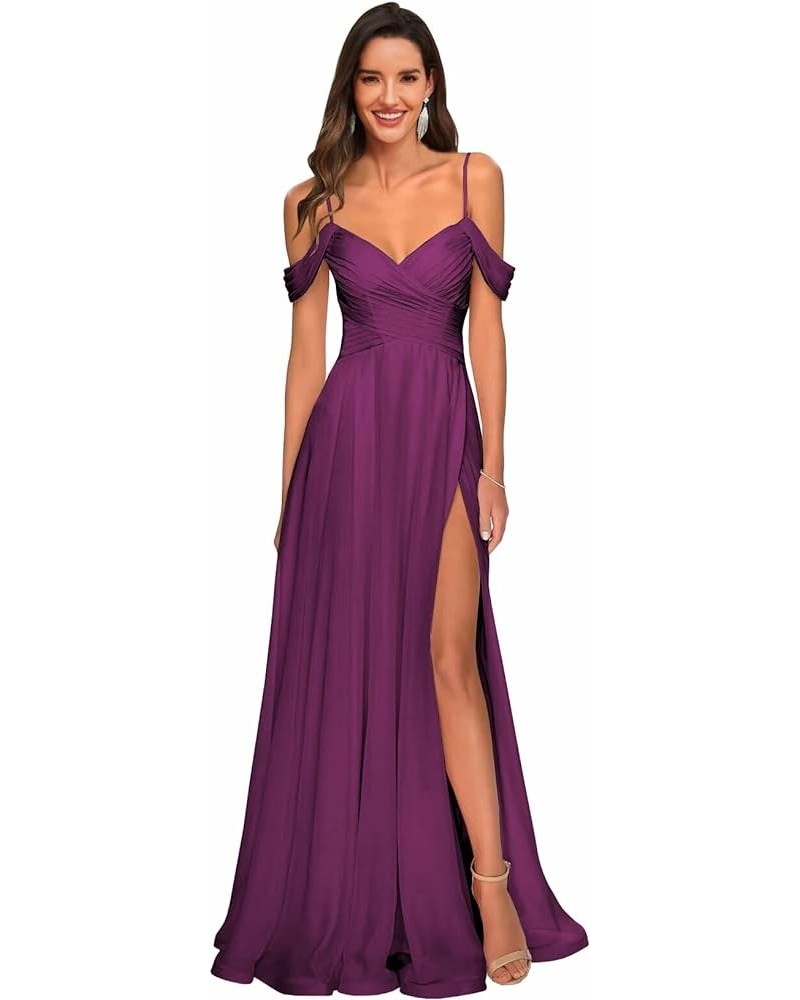 Cold Shoulder Chiffon Bridesmaid Dresses with Slit Pockets Long V Neck Corset Prom Dress Formal Evening Gown Plum $33.12 Dresses