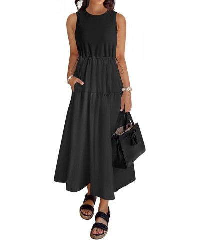 Women's 2024 Summer Sleeveless Midi Dress Casual Crewneck Drawstring Waist Flowy Long Dresses with Pockets Black $24.35 Dresses