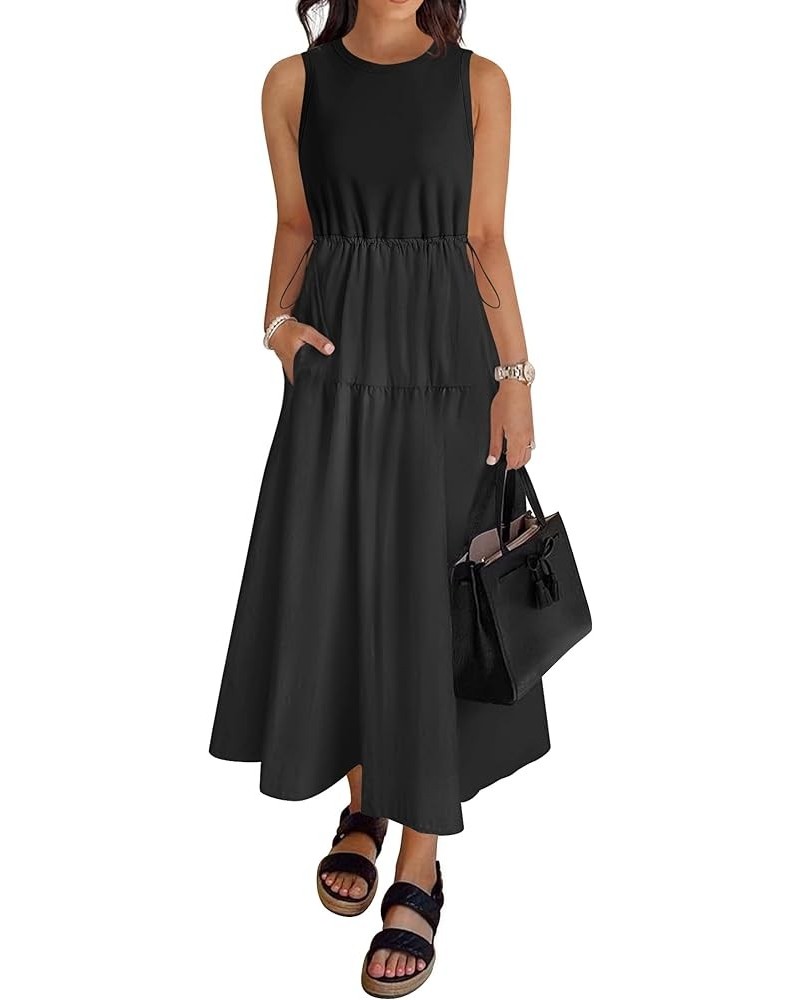 Women's 2024 Summer Sleeveless Midi Dress Casual Crewneck Drawstring Waist Flowy Long Dresses with Pockets Black $24.35 Dresses