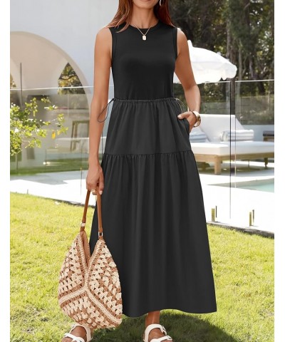 Women's 2024 Summer Sleeveless Midi Dress Casual Crewneck Drawstring Waist Flowy Long Dresses with Pockets Black $24.35 Dresses