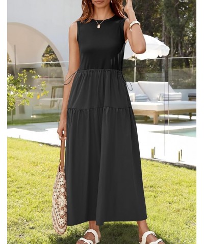 Women's 2024 Summer Sleeveless Midi Dress Casual Crewneck Drawstring Waist Flowy Long Dresses with Pockets Black $24.35 Dresses