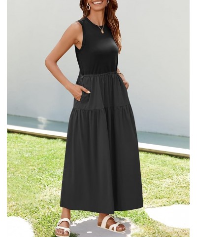 Women's 2024 Summer Sleeveless Midi Dress Casual Crewneck Drawstring Waist Flowy Long Dresses with Pockets Black $24.35 Dresses