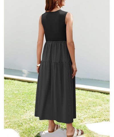 Women's 2024 Summer Sleeveless Midi Dress Casual Crewneck Drawstring Waist Flowy Long Dresses with Pockets Black $24.35 Dresses