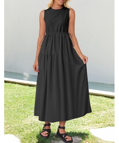 Women's 2024 Summer Sleeveless Midi Dress Casual Crewneck Drawstring Waist Flowy Long Dresses with Pockets Black $24.35 Dresses