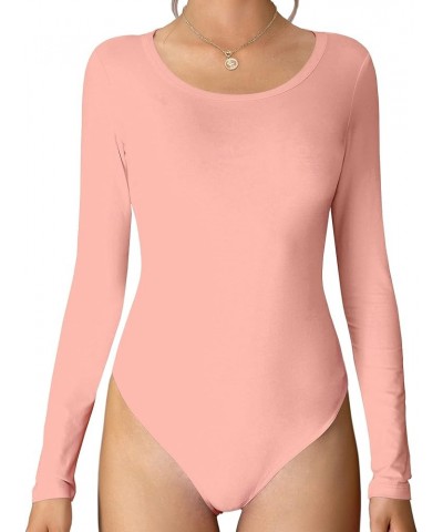 Bodysuit for Women Round Neck Scoop Neck Long Sleeve Stretch Tops Jumpsuit 7002 Pink $11.04 Bodysuits