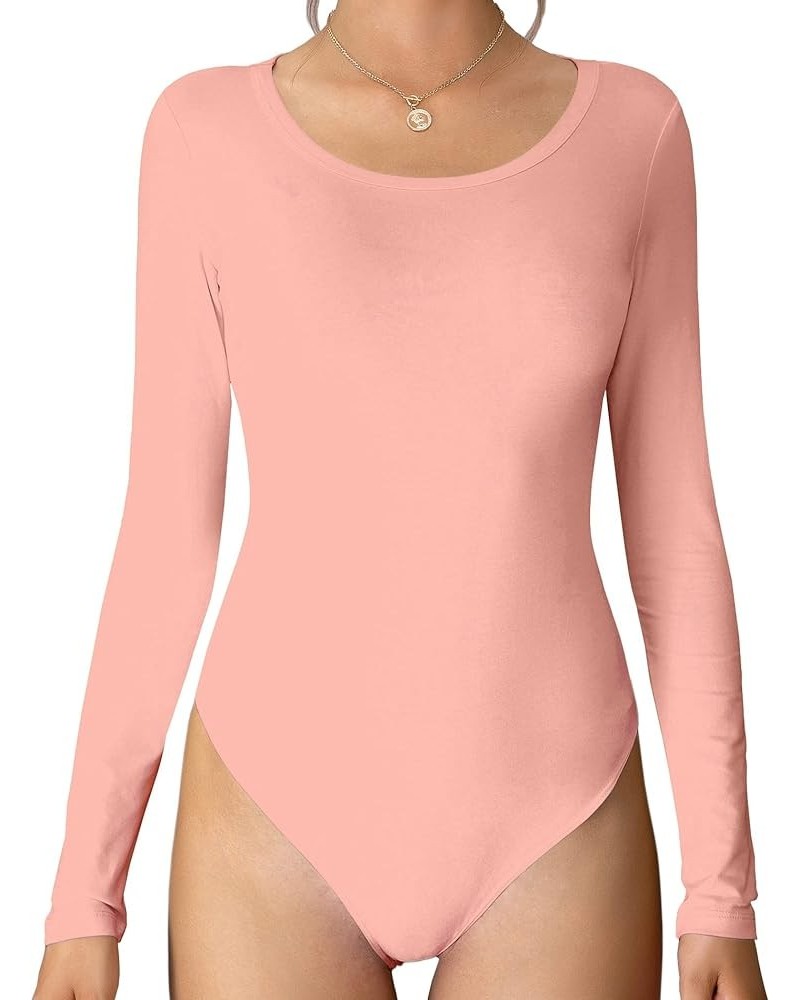 Bodysuit for Women Round Neck Scoop Neck Long Sleeve Stretch Tops Jumpsuit 7002 Pink $11.04 Bodysuits