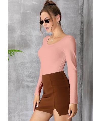 Bodysuit for Women Round Neck Scoop Neck Long Sleeve Stretch Tops Jumpsuit 7002 Pink $11.04 Bodysuits