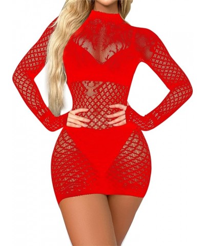 Women's Fishnet Bodycon Dress Mock Neck Nightdress Mesh Sheer Backless Night Club Party Dress Red $8.49 Dresses