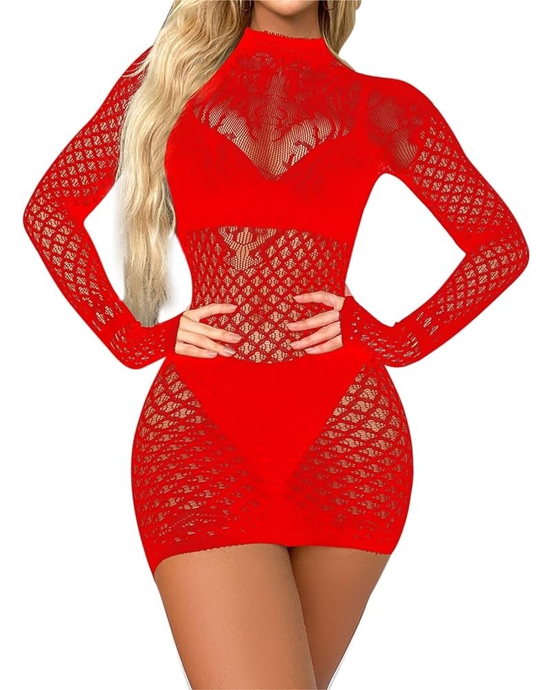 Women's Fishnet Bodycon Dress Mock Neck Nightdress Mesh Sheer Backless Night Club Party Dress Red $8.49 Dresses