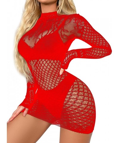 Women's Fishnet Bodycon Dress Mock Neck Nightdress Mesh Sheer Backless Night Club Party Dress Red $8.49 Dresses