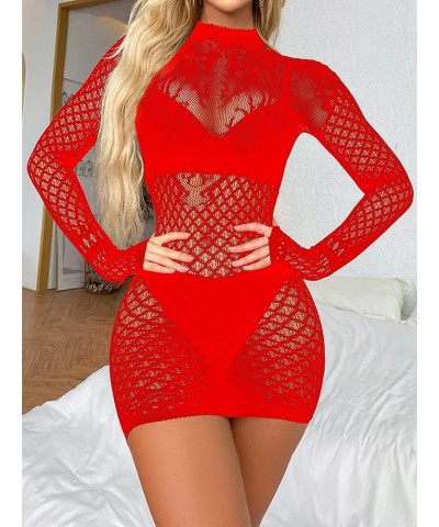 Women's Fishnet Bodycon Dress Mock Neck Nightdress Mesh Sheer Backless Night Club Party Dress Red $8.49 Dresses