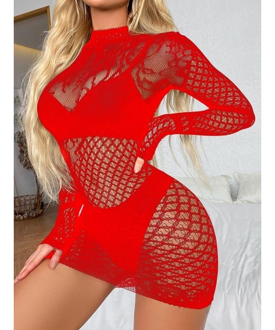 Women's Fishnet Bodycon Dress Mock Neck Nightdress Mesh Sheer Backless Night Club Party Dress Red $8.49 Dresses