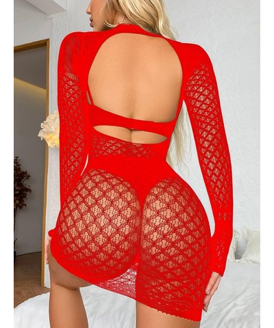 Women's Fishnet Bodycon Dress Mock Neck Nightdress Mesh Sheer Backless Night Club Party Dress Red $8.49 Dresses