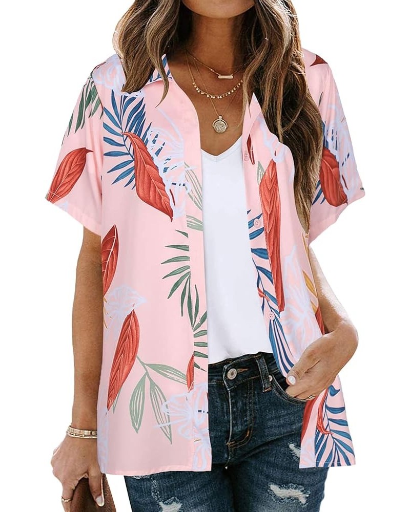 Hawaiian Shirts for Women Floral Printed Tops Tropical Button Down Shirt V Neck Short Sleeve Collared Casual Tops Pink $10.44...